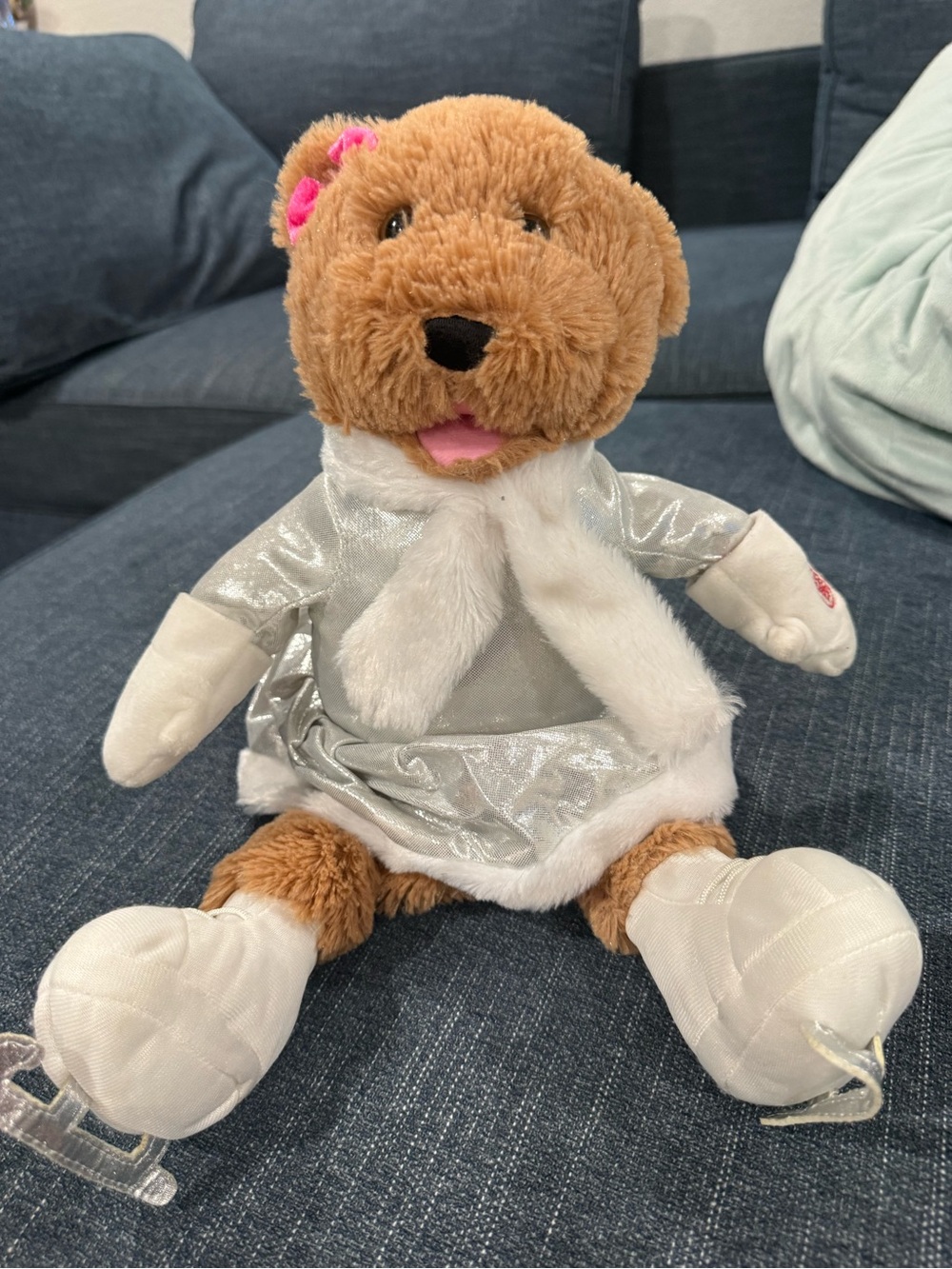 Animated Plush Brown Bear Kids Costume Plush in Silver Dress with White Accents